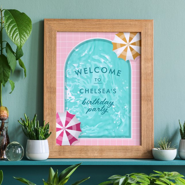 Affiche Palm Springs Pool Party Rose Adulte Anniversaire (pink palm springs pool party welcome sign)