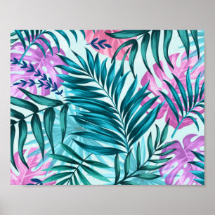 Affiche Palme rose et Turquoise Tropical & Monstera Feuill