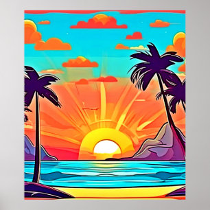 Affiche Palmes de coucher du soleil : Vue tropicale