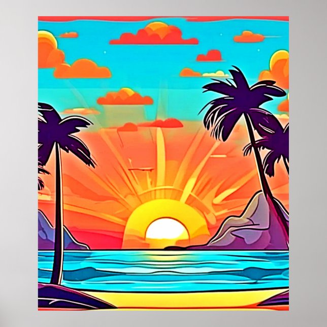 Affiche Palmes de coucher du soleil : Vue tropicale (Devant)