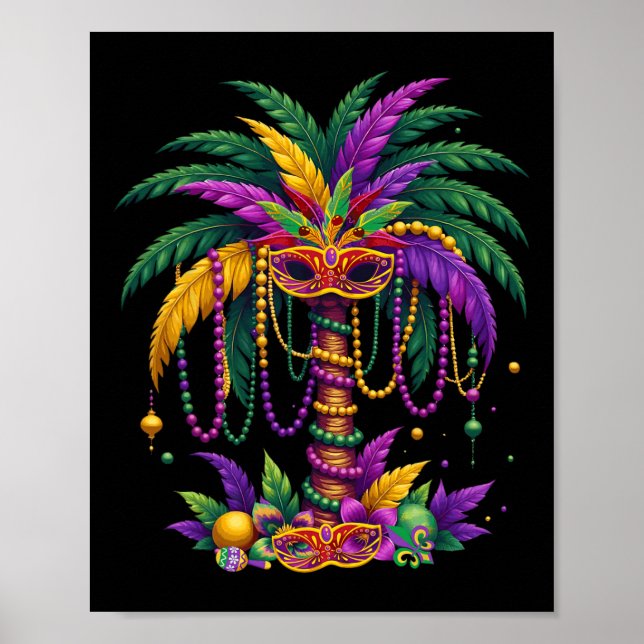 Affiche Palmier Drôle Et Perles Mardi Gras Hawaiian Trop (Devant)