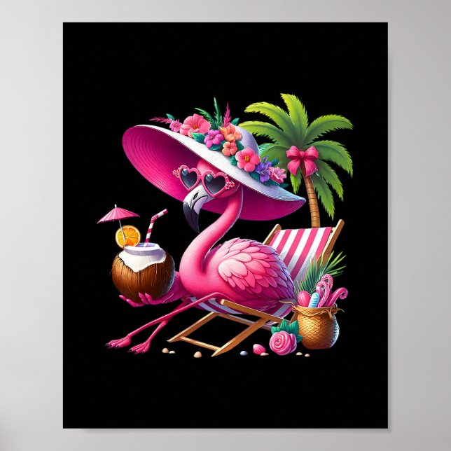 Affiche Palmier Rose Flamant Rose Plage Tropicale Été Vaca (Devant)