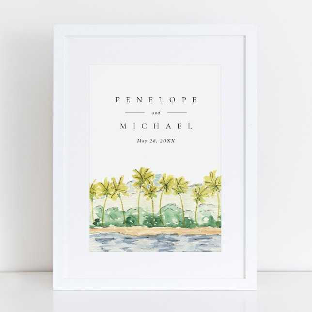 Affiche Palmiers de plage aquarelle tropicale mariage (Créateur téléchargé)