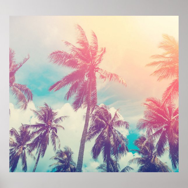 Affiche Palmiers en silhouette, coucher de soleil abstrait (Devant)