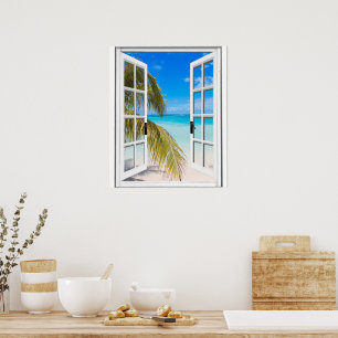 Affiche Palmiers et vue sur la plage par fausse fenêtre