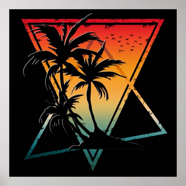 Affiche palmiers rétro vintage été coucher de soleil   (Devant)