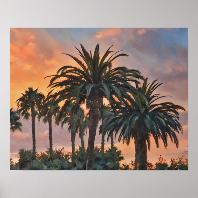 Affiche Palmiers Tropical Sunset Aquarelle Art (Devant)