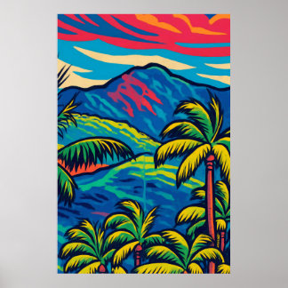 Affiche Palmiers tropicaux avec Ko'olau Mountain Pop Art
