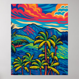 Affiche Palmiers tropicaux et Ko'olau Mountain Pop Art
