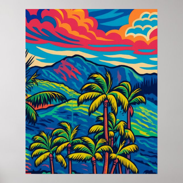 Affiche Palmiers tropicaux et Ko'olau Mountain Pop Art (Devant)