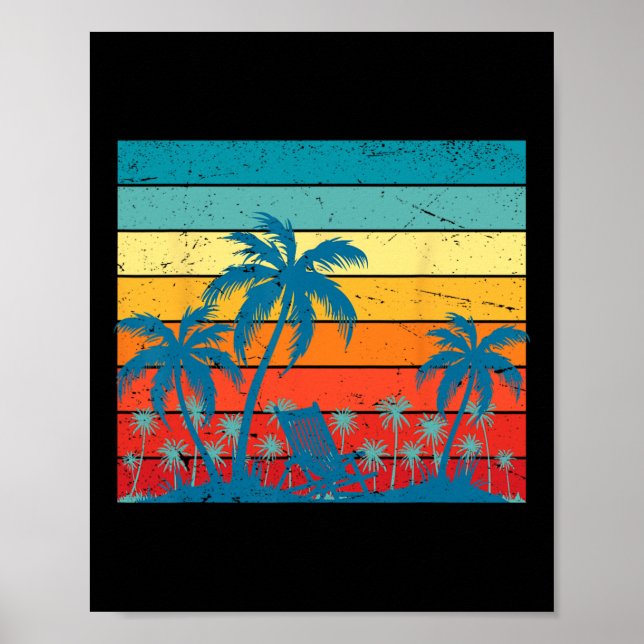 Affiche Palmiers Tropicaux Rétro Et Plage De Coucher De So (Devant)