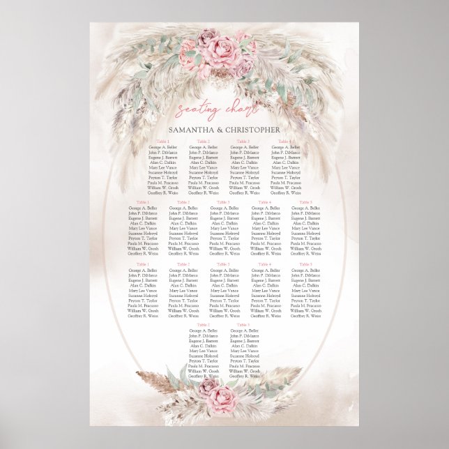 Affiche Pampas Boho simple et sièges mariage rose poussiér (Devant)