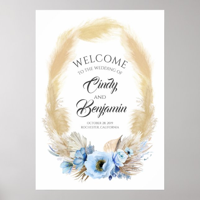 Affiche Pampas Grass and Dusty Blue Flower Mariage Welcome (Devant)