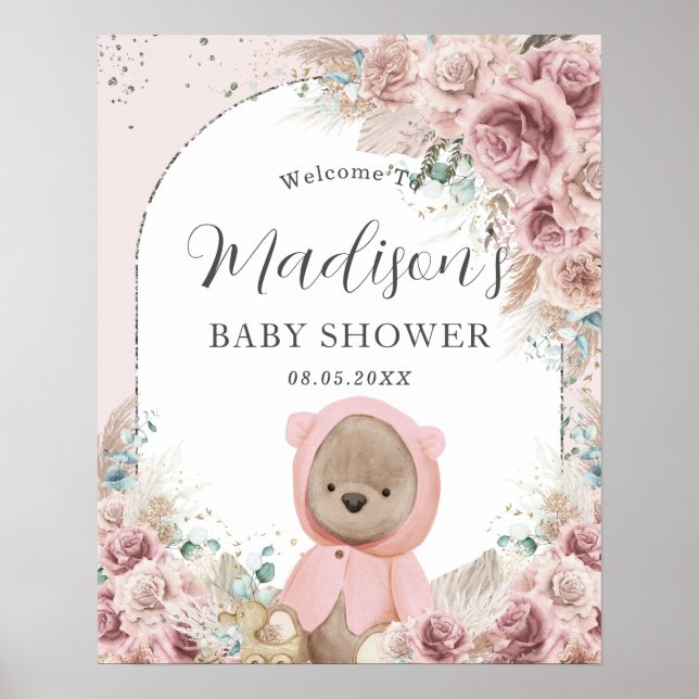 Affiche Pampas Grass Blush Floral Cute Teddy Bear Arche (Devant)