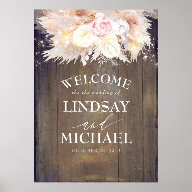 Affiche Pampas Grass et Fleurs roses Accueil Mariage (Devant)