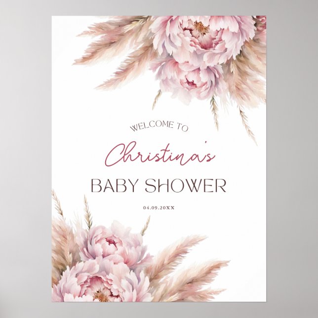 Affiche Pampas Rose Floral Grass Girl Baby shower Bienvenu (Devant)