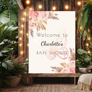 Affiche Pampas rose papillon rose Baby shower bienvenue