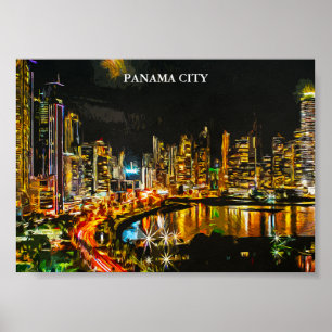 Affiche Panama City By Night Aquarelle Peinture Skyline