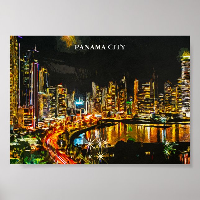 Affiche Panama City By Night Aquarelle Peinture Skyline (Devant)