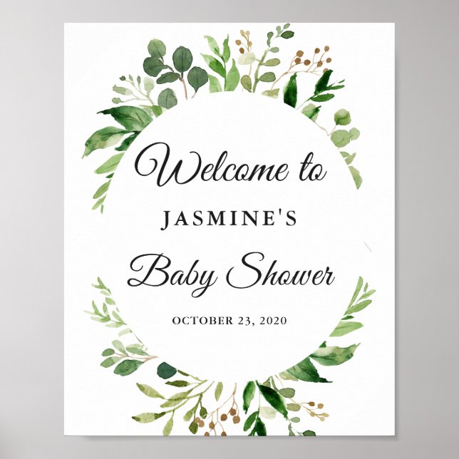 Affiche Pancarte de Baby Shower Couronne de Feuilles de Ve (Devant)