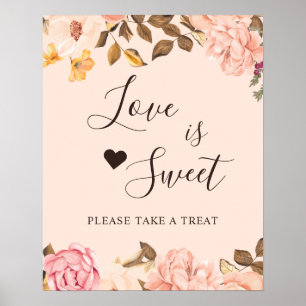 Affiche Pancarte de bar à desserts en or rose avec fleurs