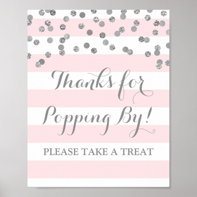 Affiche Pancarte de bar à popcorn rayures roses confettis  (Devant)