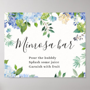 Affiche Pancarte de bar Mimosa chic floral Hydrangea bleue