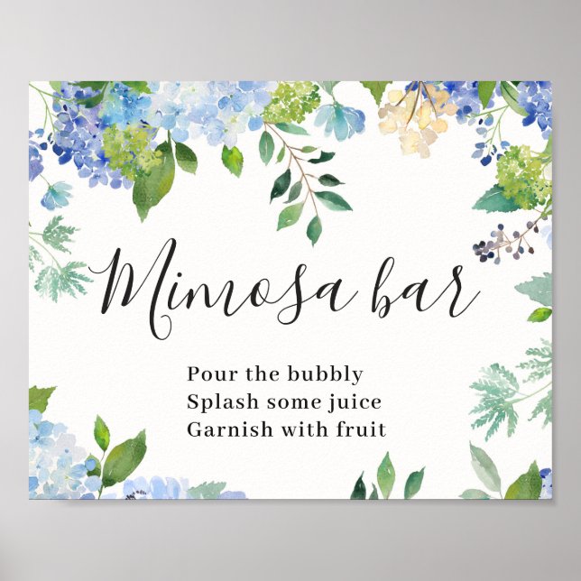 Affiche Pancarte de bar Mimosa chic floral Hydrangea bleue (Devant)