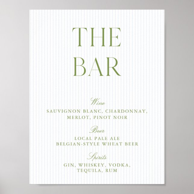 Affiche Pancarte de bar numérique de mariage rayée de vert (Devant)