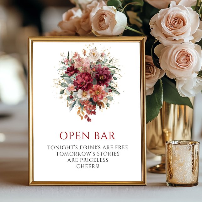Affiche Pancarte de bar ouvert automnal au eucalyptus raff (Refined Burgundy Eucalyptus Fall Open Bar Sign

)