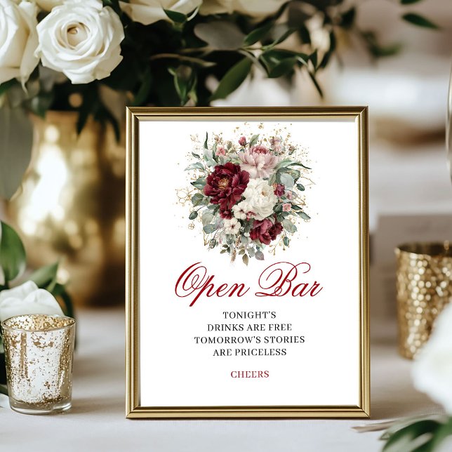 Affiche Pancarte de bar ouvert floral bordeaux Blush chic (Chic Blush Burgundy Floral Open Bar Sign)