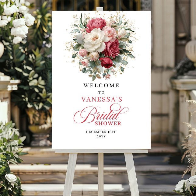 Affiche Pancarte de bienvenue à la verdure rose romantique (Romantic Burgundy Blush Greenery Welcome Sign)