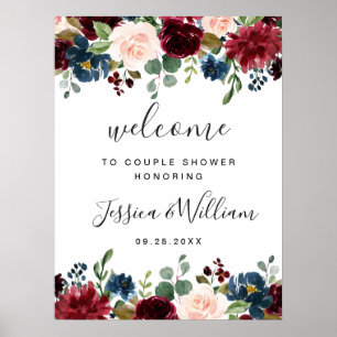 Affiche Pancarte de BIENVENUE COUPLE Fleurs Navy Bourgogne