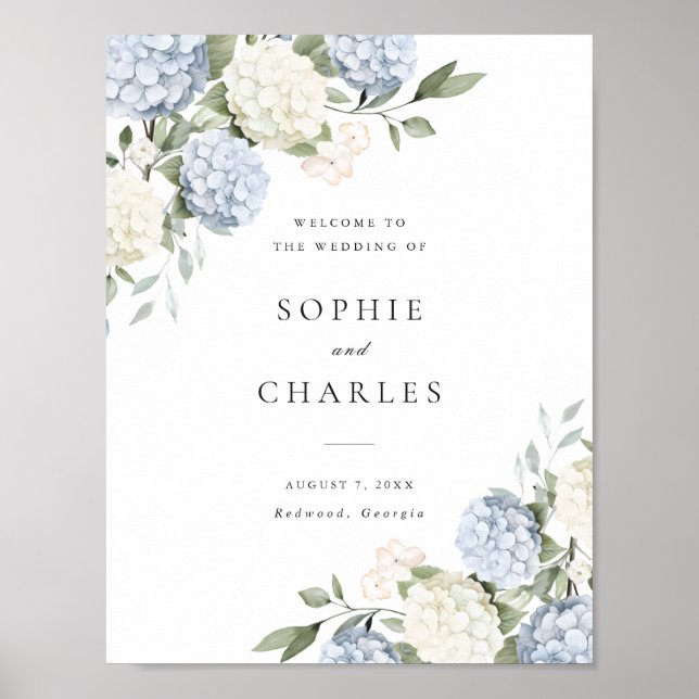 Affiche Pancarte de bienvenue de mariage à l'hydrangea ble (Devant)
