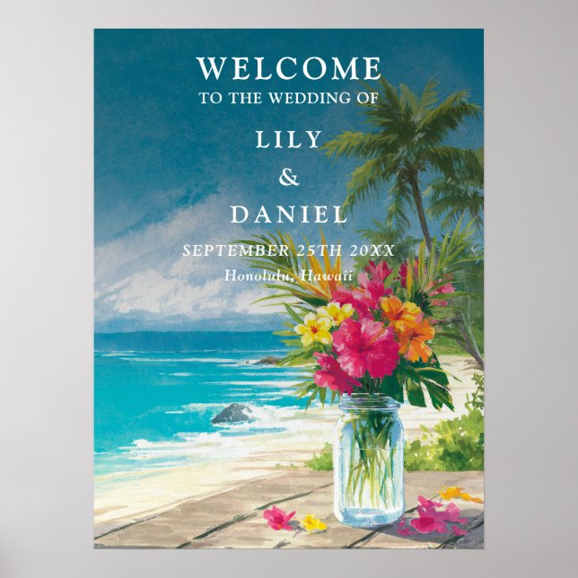 Affiche Pancarte de bienvenue de mariage avec fleurs de pl (Devant)