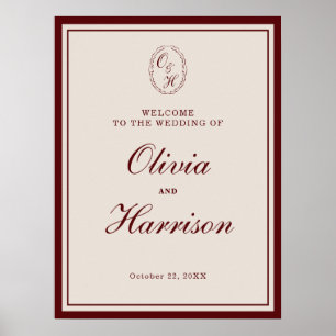 Affiche Pancarte de bienvenue de mariage Burgundy Old Mone