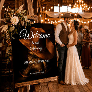 Affiche Pancarte de bienvenue de mariage country avec bott