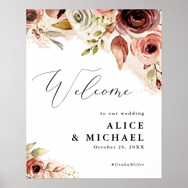 Affiche Pancarte de bienvenue de mariage floral automnal a (Devant)