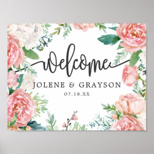 Affiche Pancarte de bienvenue de mariage floral d'été roug