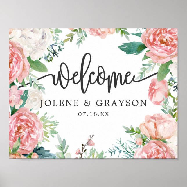 Affiche Pancarte de bienvenue de mariage floral d'été roug (Devant)