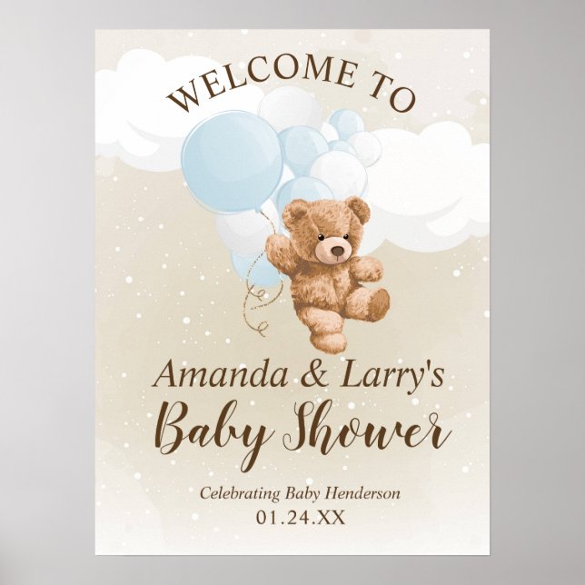 Affiche Pancarte de bienvenue Ourson avec ballons bleus (Devant)