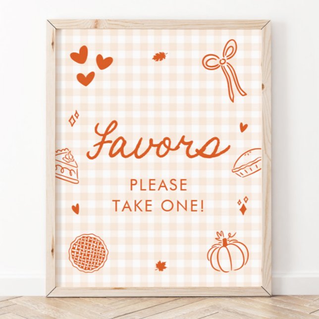 Affiche Pancarte de cadeaux Citrouille Gingham Automne Ché (Fall Orange Gingham Cutie Pie Favors Sign)