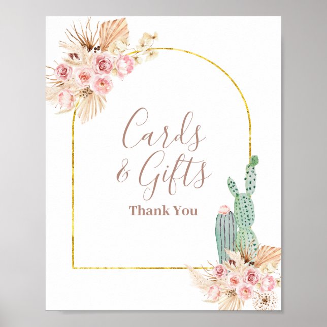 Affiche Pancarte de cartes et cadeaux de cactus boho fleur (Devant)