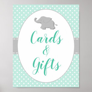 Affiche Pancarte de cartes et cadeaux éléphant vert menthe