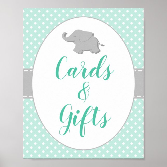 Affiche Pancarte de cartes et cadeaux éléphant vert menthe (Devant)