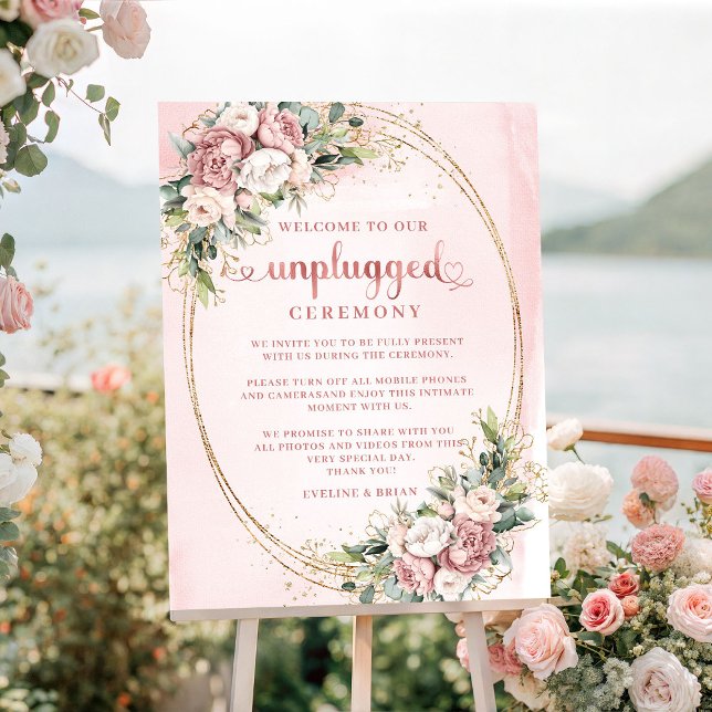 Affiche Pancarte de cérémonie débranchée à la verdure rose (Blush Pink Greenery Unplugged Ceremony Sign

)