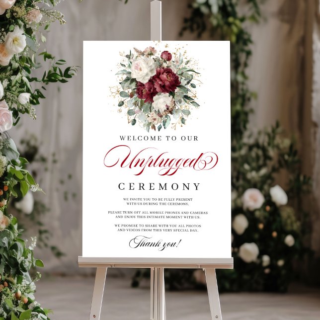 Affiche Pancarte de cérémonie débranchée Burgundy Blush Mo (Modern Blush Burgundy Unplugged Ceremony Sign)