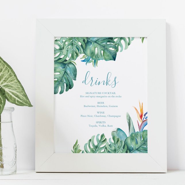 Affiche Pancarte de cocktails pour mariage sur la plage th (Tropical menus signature drink sign features monstera palm leaves and flowers.)