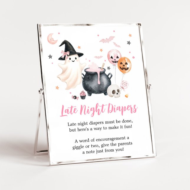 Affiche Pancarte de couche pour la nuit pour Petit Fantôme (Girl Little Boo Baby Shower Late Night Diapers Sign)