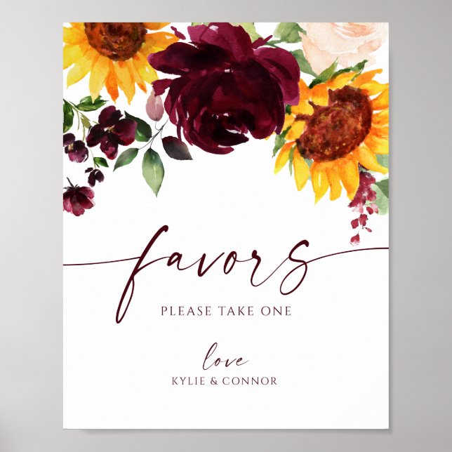 Affiche Pancarte de Faveurs de Mariage Tournesols Roses Ro (Devant)